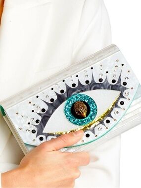 KURT GEIGER White and Turquoise Eye-Embellished Clutch Bag